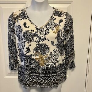 Bila Woman Embellished Top Sz 1X Bohemian Sequin Hippie Shirt India Ivory‎ Black